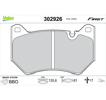 Sada brzdových destiček, kotoučová brzda VALEO 302926