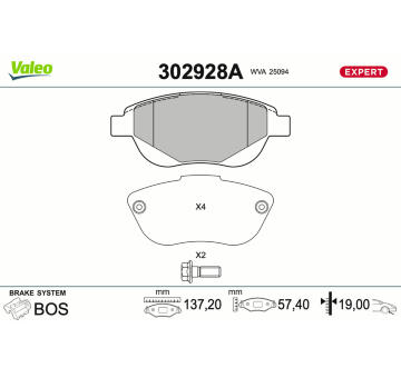 Sada brzdových destiček, kotoučová brzda VALEO 302928A