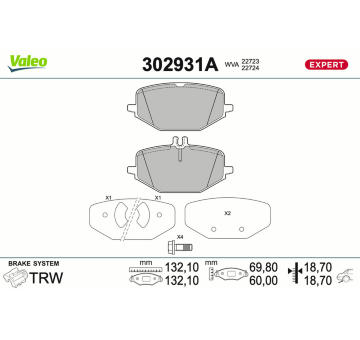 Sada brzdových destiček, kotoučová brzda VALEO 302931A