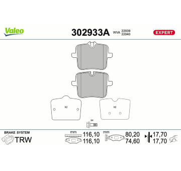 Sada brzdových destiček, kotoučová brzda VALEO 302933A