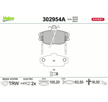 Sada brzdových destiček, kotoučová brzda VALEO 302954A