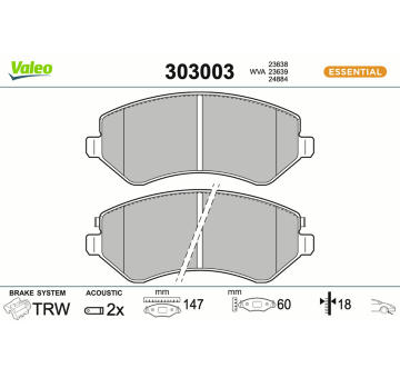 Sada brzdových destiček, kotoučová brzda VALEO 303003
