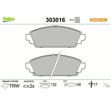 Sada brzdových destiček, kotoučová brzda VALEO 303016