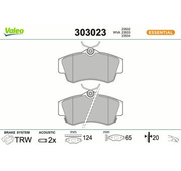 Sada brzdových destiček, kotoučová brzda VALEO 303023