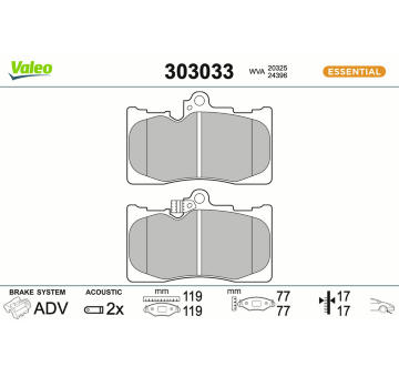 Sada brzdových destiček, kotoučová brzda VALEO 303033