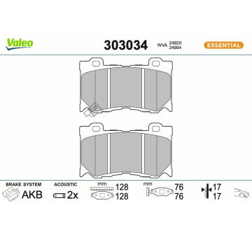 Sada brzdových destiček, kotoučová brzda VALEO 303034
