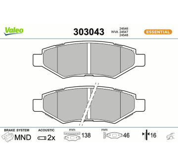 Sada brzdových destiček, kotoučová brzda VALEO 303043
