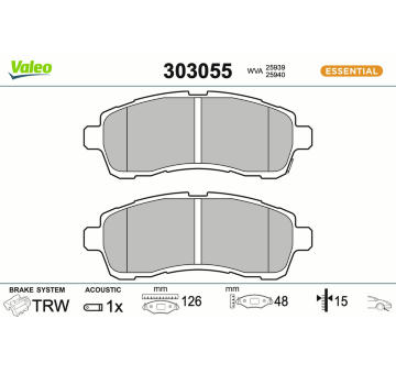 Sada brzdových destiček, kotoučová brzda VALEO 303055