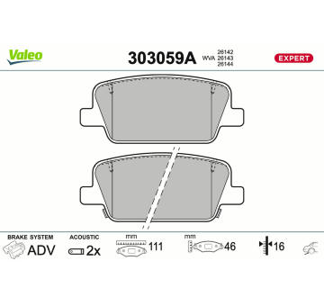 Sada brzdových destiček, kotoučová brzda VALEO 303059A