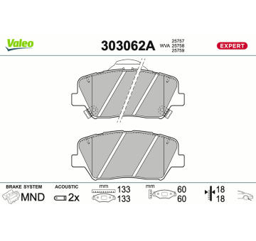 Sada brzdových destiček, kotoučová brzda VALEO 303062A