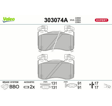 Sada brzdových destiček, kotoučová brzda VALEO 303074A