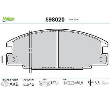 Sada brzdových destiček, kotoučová brzda VALEO 598020