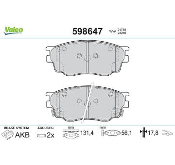 Sada brzdových destiček, kotoučová brzda VALEO 598647