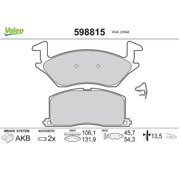 Sada brzdových destiček, kotoučová brzda VALEO 598815