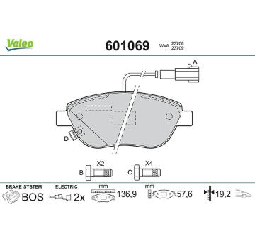 Sada brzdových destiček, kotoučová brzda VALEO 601069