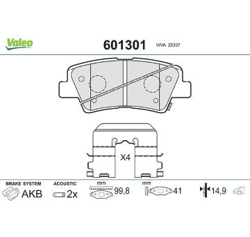Sada brzdových destiček, kotoučová brzda VALEO 601301
