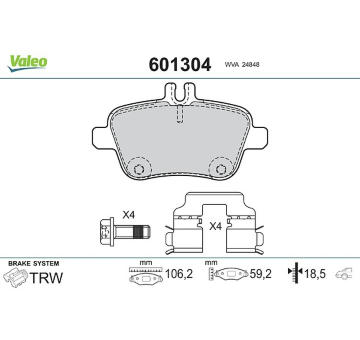 Sada brzdových destiček, kotoučová brzda VALEO 601304