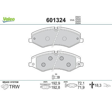 Sada brzdových destiček, kotoučová brzda VALEO 601324