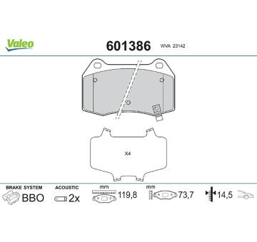 Sada brzdových destiček, kotoučová brzda VALEO 601386