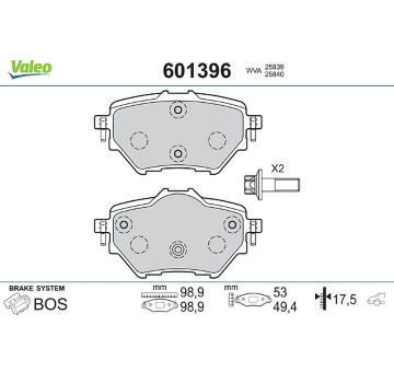 Sada brzdových destiček, kotoučová brzda VALEO 601396