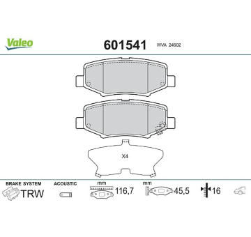 Sada brzdových destiček, kotoučová brzda VALEO 601541