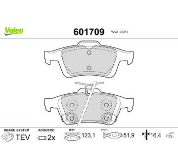 Sada brzdových destiček, kotoučová brzda VALEO 601709