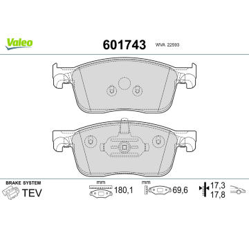 Sada brzdových destiček, kotoučová brzda VALEO 601743