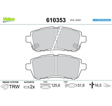 Sada brzdových destiček, kotoučová brzda VALEO 610353