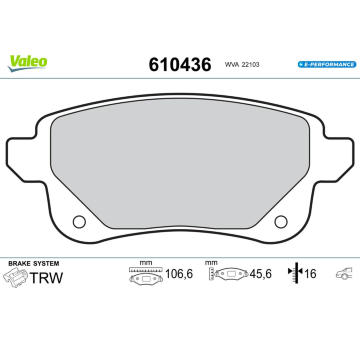 Sada brzdových destiček, kotoučová brzda VALEO 610436