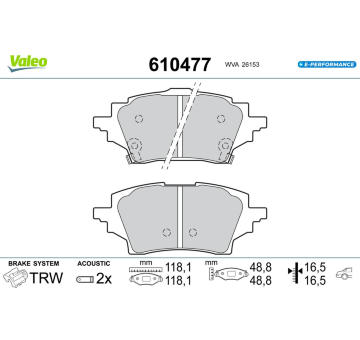 Sada brzdových destiček, kotoučová brzda VALEO 610477