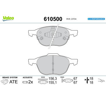 Sada brzdových destiček, kotoučová brzda VALEO 610500