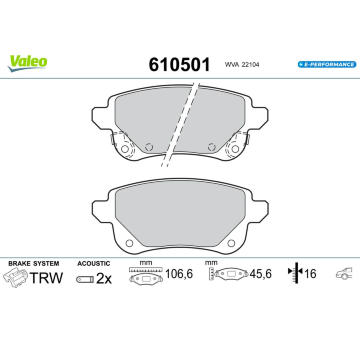 Sada brzdových destiček, kotoučová brzda VALEO 610501