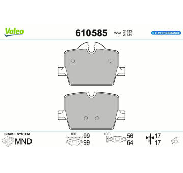 Sada brzdových destiček, kotoučová brzda VALEO 610585