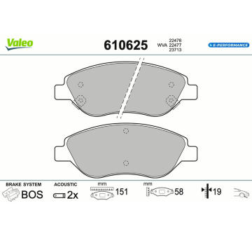 Sada brzdových destiček, kotoučová brzda VALEO 610625