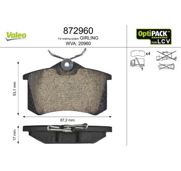 Sada brzdových destiček, kotoučová brzda VALEO 872960