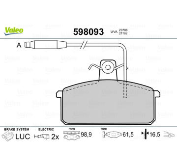 Sada brzdových destiček, kotoučová brzda VALEO 598093