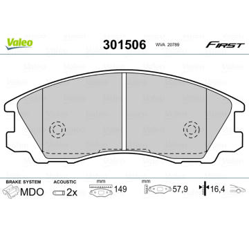 Sada brzdových destiček, kotoučová brzda VALEO 301506