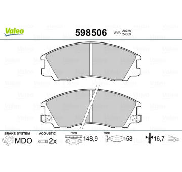 Sada brzdových destiček, kotoučová brzda VALEO 598506