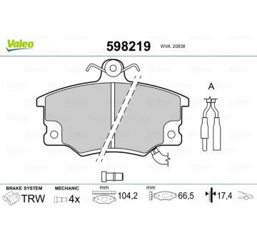 Sada brzdových destiček, kotoučová brzda VALEO 598219