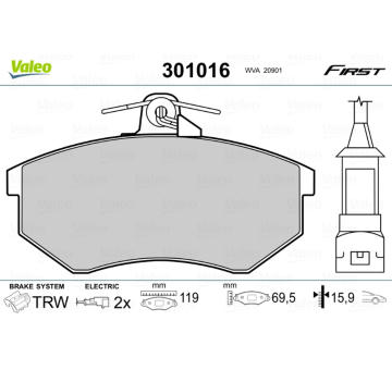 Sada brzdových destiček, kotoučová brzda VALEO 301016