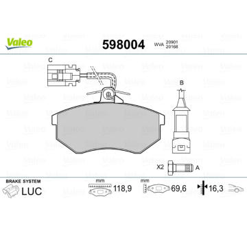 Sada brzdových destiček, kotoučová brzda VALEO 598004