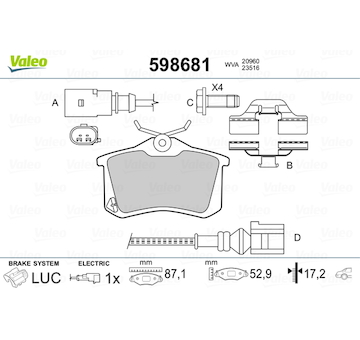 Sada brzdových destiček, kotoučová brzda VALEO 598681