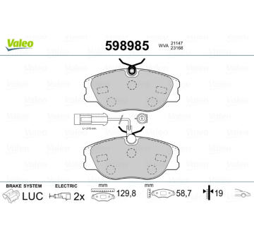 Sada brzdových destiček, kotoučová brzda VALEO 598985