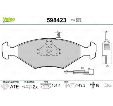 Sada brzdových destiček, kotoučová brzda VALEO 598423