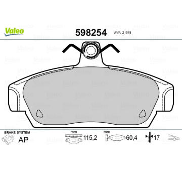 Sada brzdových destiček, kotoučová brzda VALEO 598254