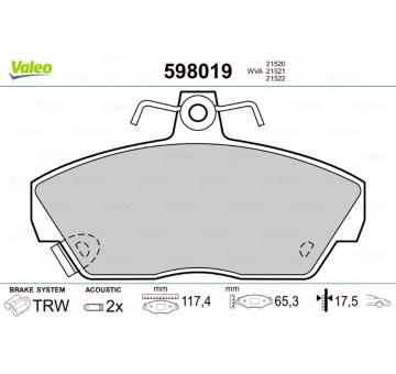 Sada brzdových destiček, kotoučová brzda VALEO 598019