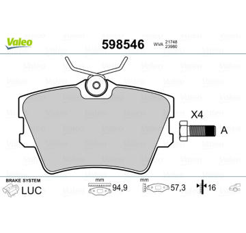 Sada brzdových destiček, kotoučová brzda VALEO 598546