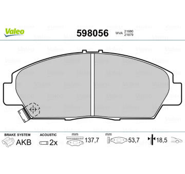 Sada brzdových destiček, kotoučová brzda VALEO 598056