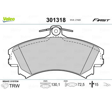 Sada brzdových destiček, kotoučová brzda VALEO 301318