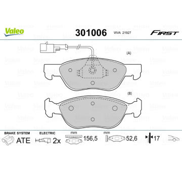 Sada brzdových destiček, kotoučová brzda VALEO 301006